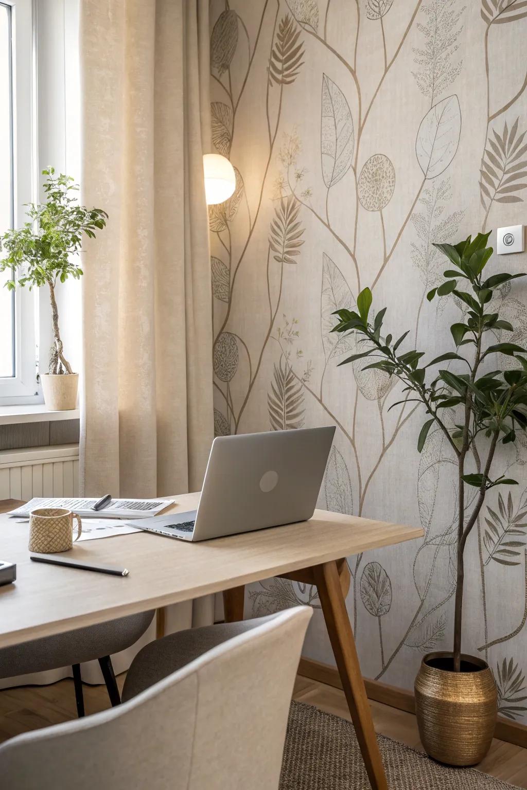 Fabric wallpaper in subdued colors can produce a serene and elegant office.