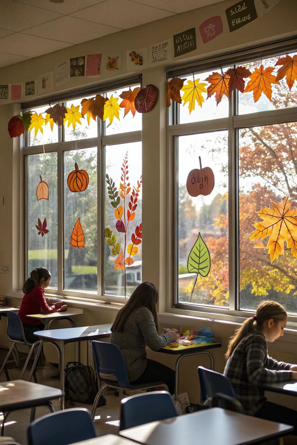 Sunlight illuminates through autumn-inspired window decals.