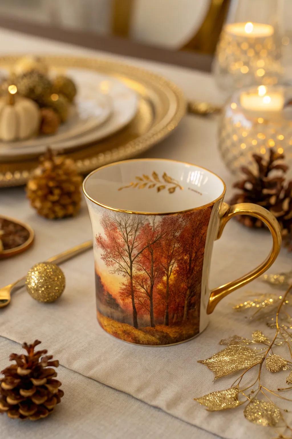 Elegant vessel with gilded autumn accents.