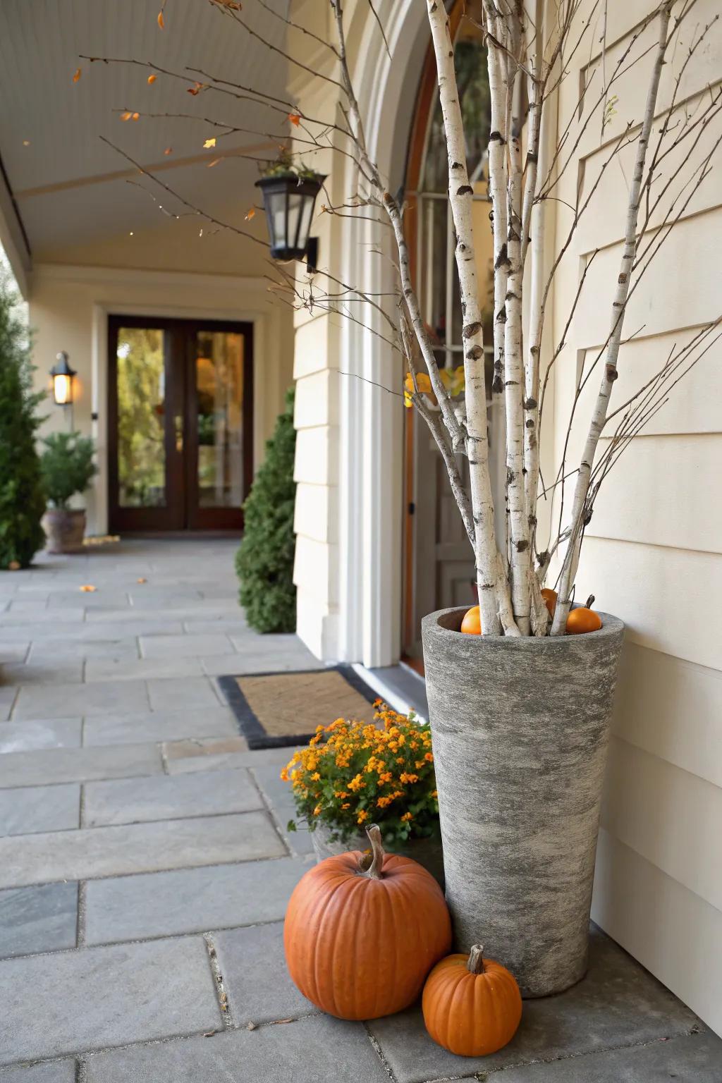 White tree limbs add elegance and height to gourd containers.