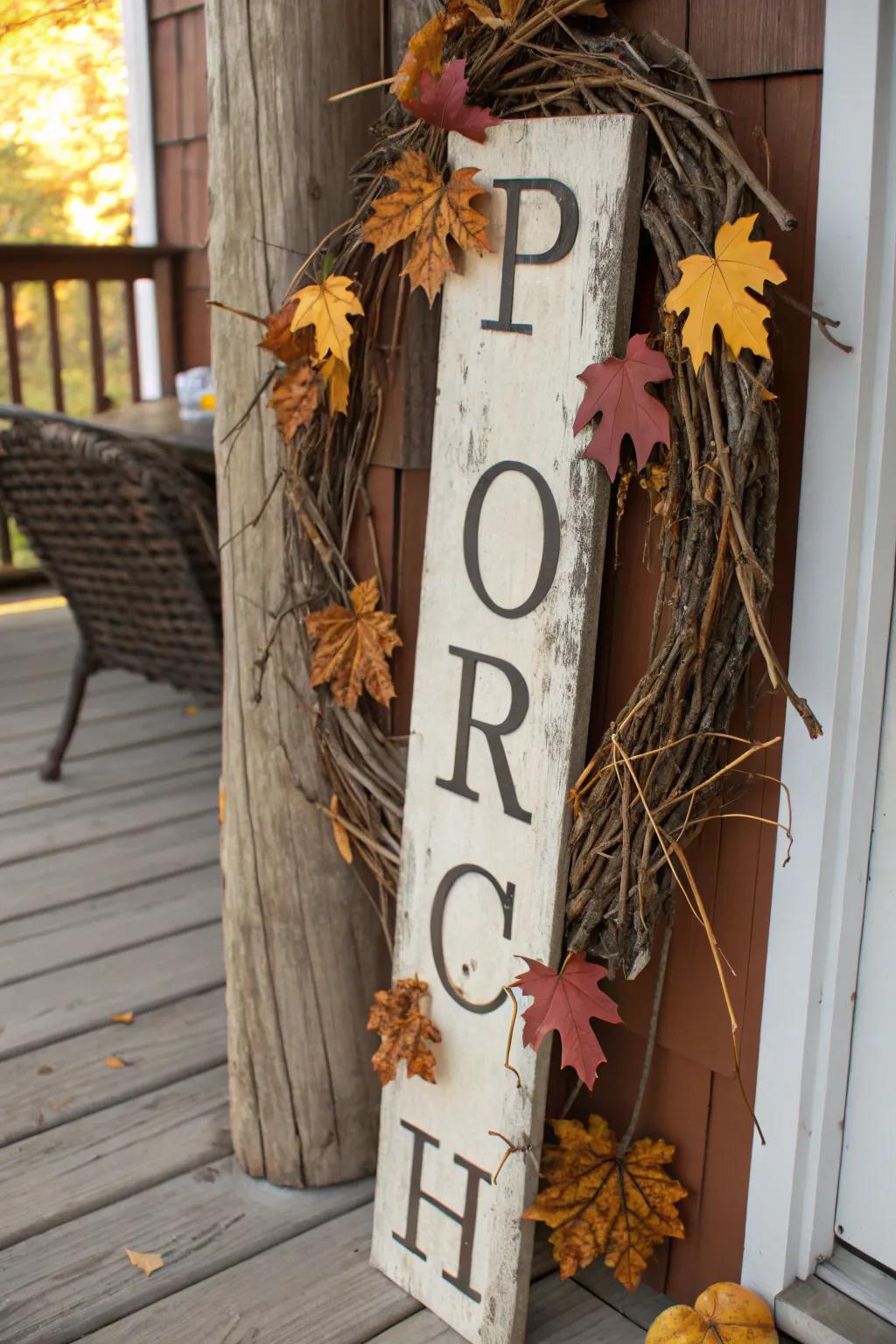 Bring nature to your porch with a marker adorned with twigs and leaves.