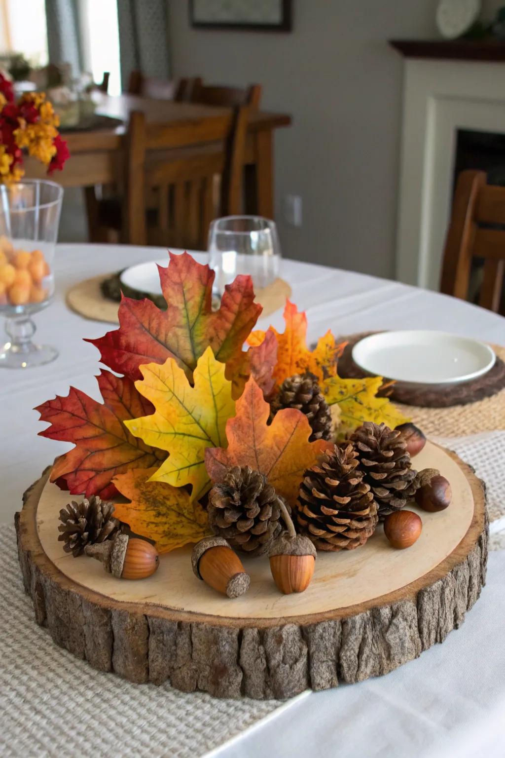Wood pieces contribute a countryside-inspired impression to your autumnal ornamental layout.