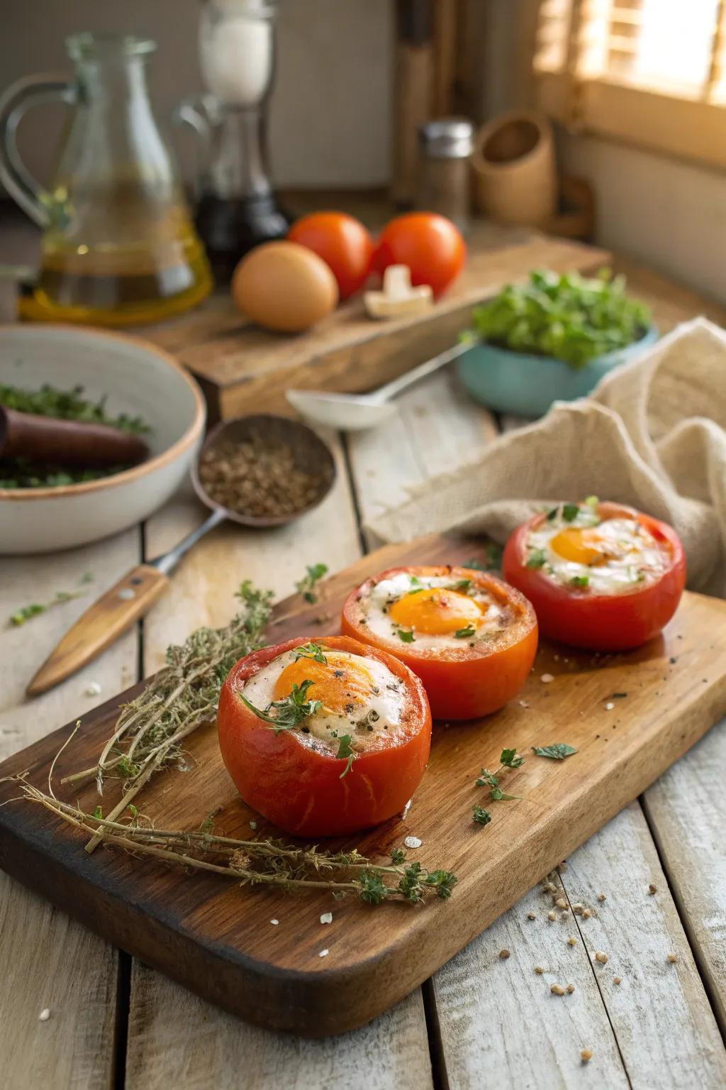 Eggs within tomato cups offer a fresh and succulent variation.