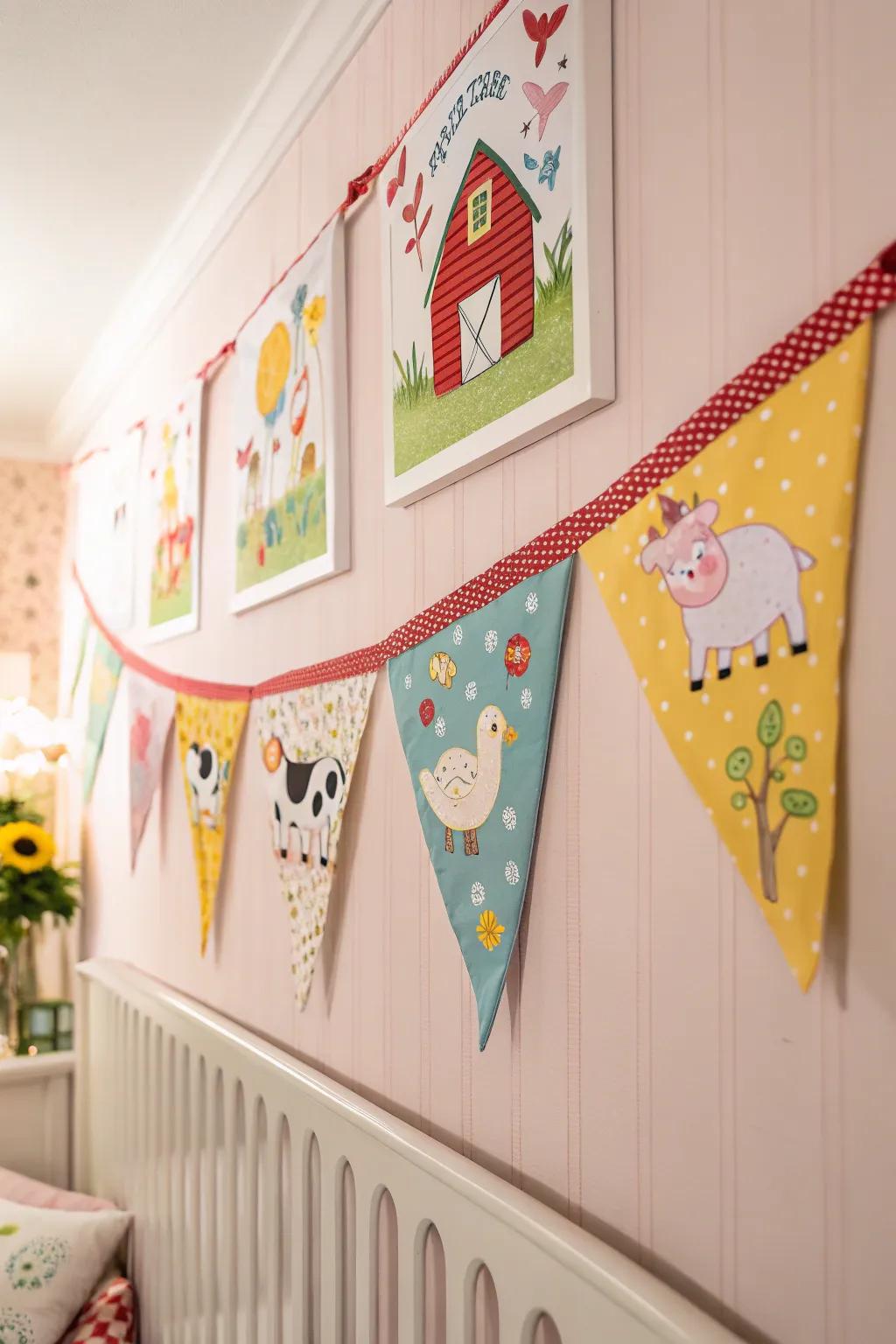Flags introduce a festive feel to your farm animal nursery.