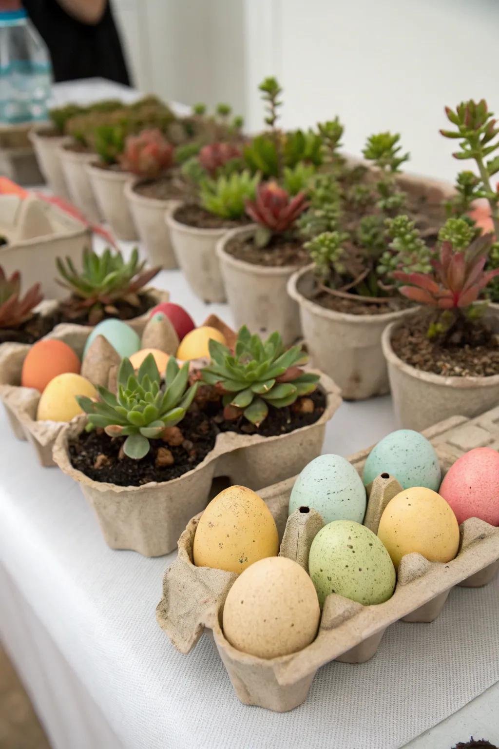 Ovum flats repurposed with succulents inject a quirky farm accent.