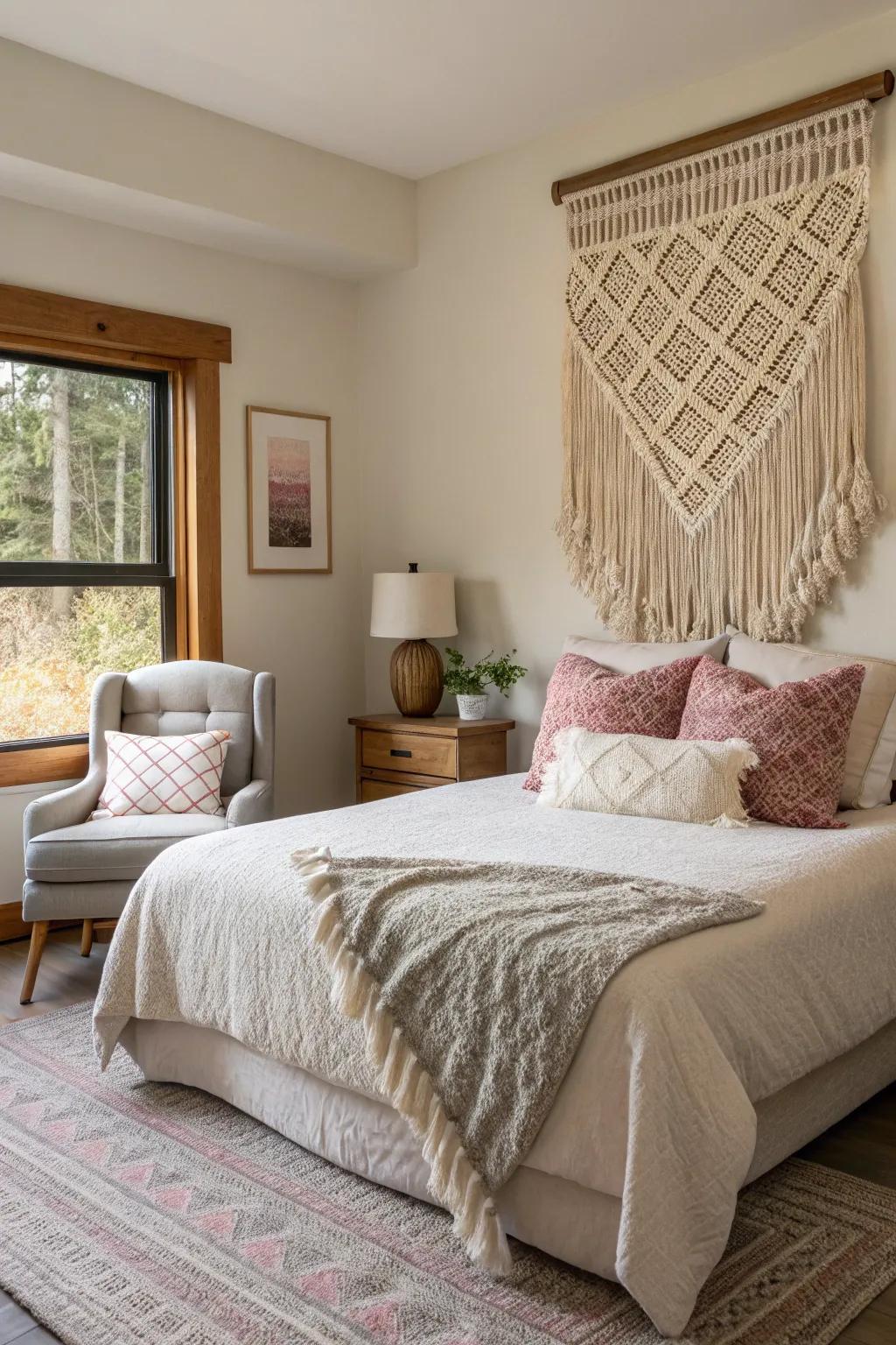 A woven textile wall introduces warmth and texture.