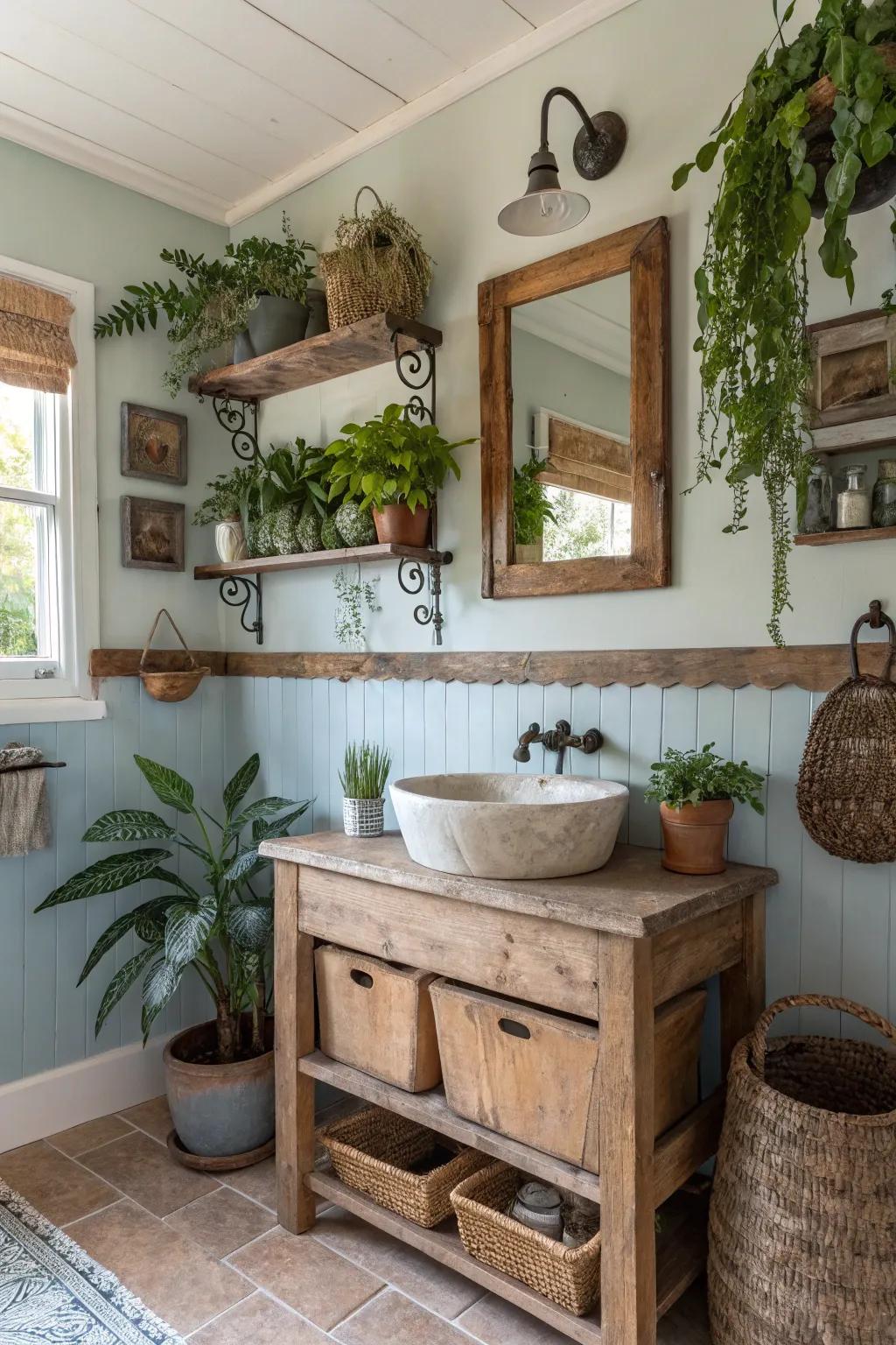 Greenery introduces a refreshing and soothing element to a farmhouse bathroom.