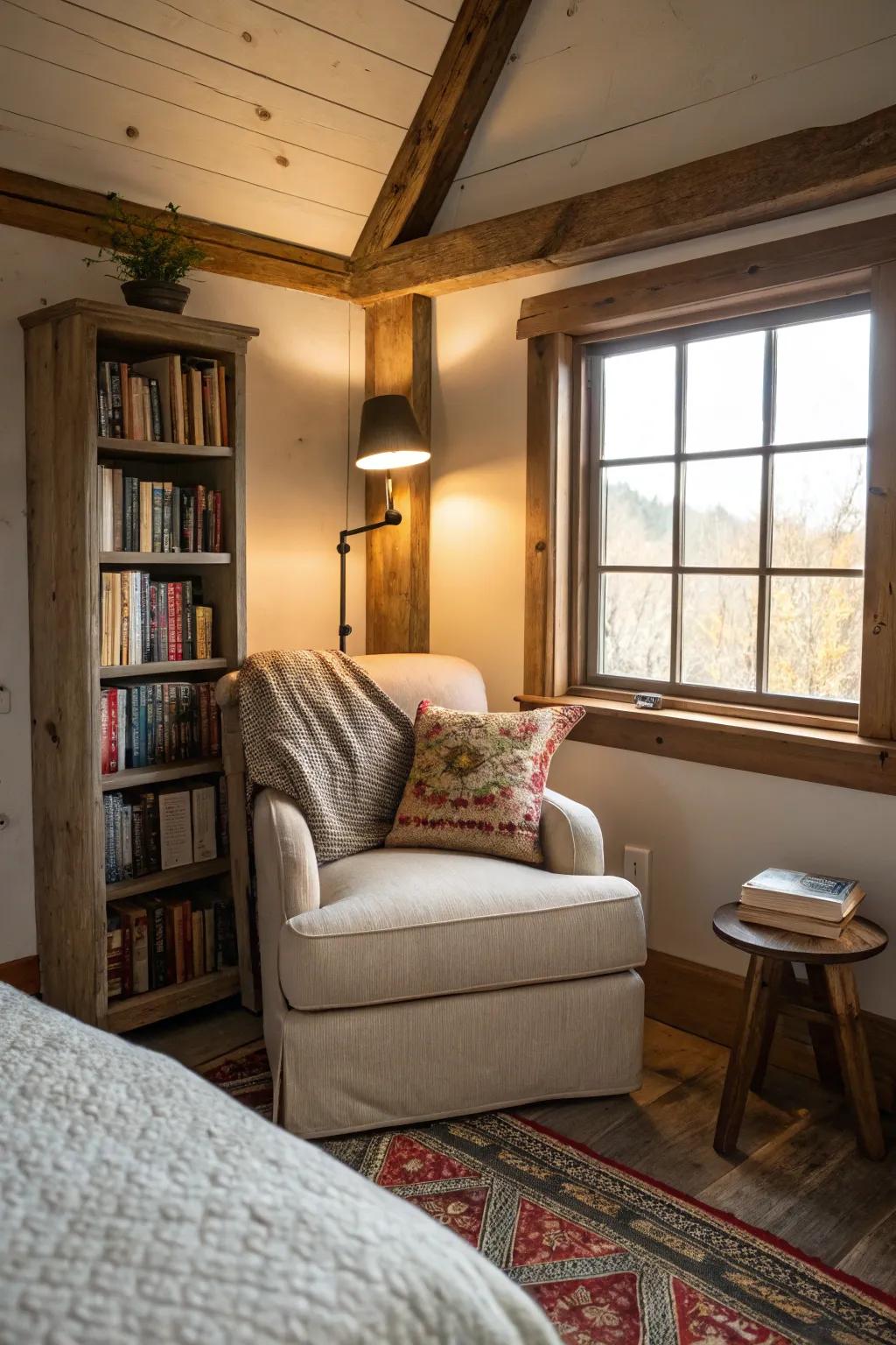 A cozy reading alcove adds a personal touch to the bedroom.