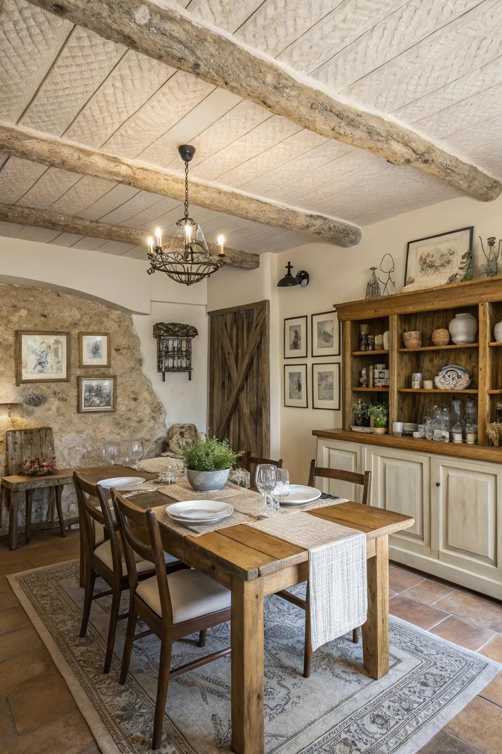 Textured ceilings inject dimension and intrigue into this farmhouse dining room.
