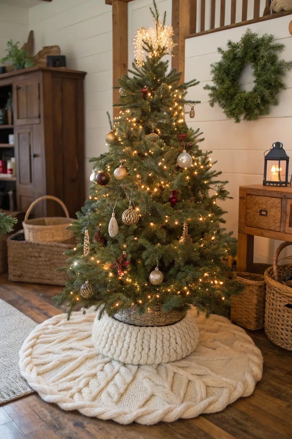 A comforting tree wrap brings extra warmth and dimension to this farmhouse Christmas tree.