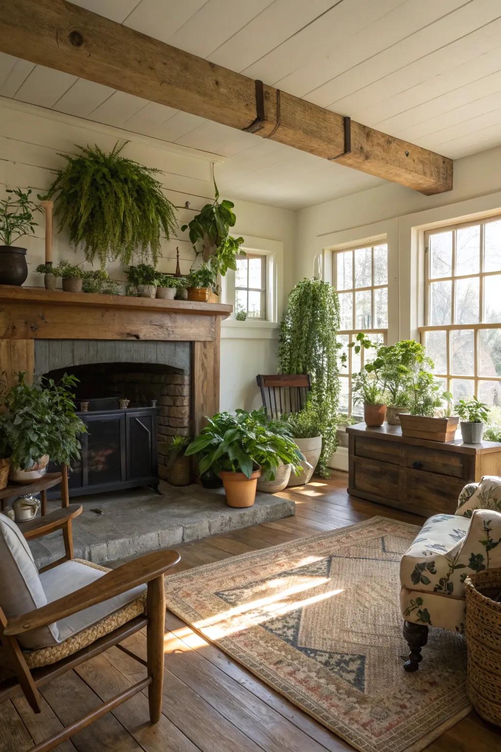 Greenery adding natural beauty to a farmhouse fireplace.