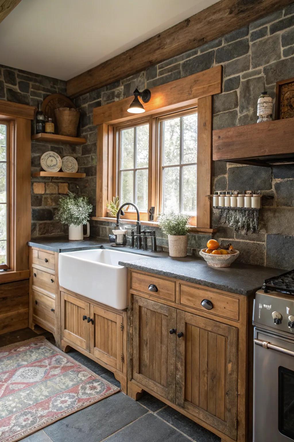 A farmhouse cooking area featuring a rustic slate backsplash.