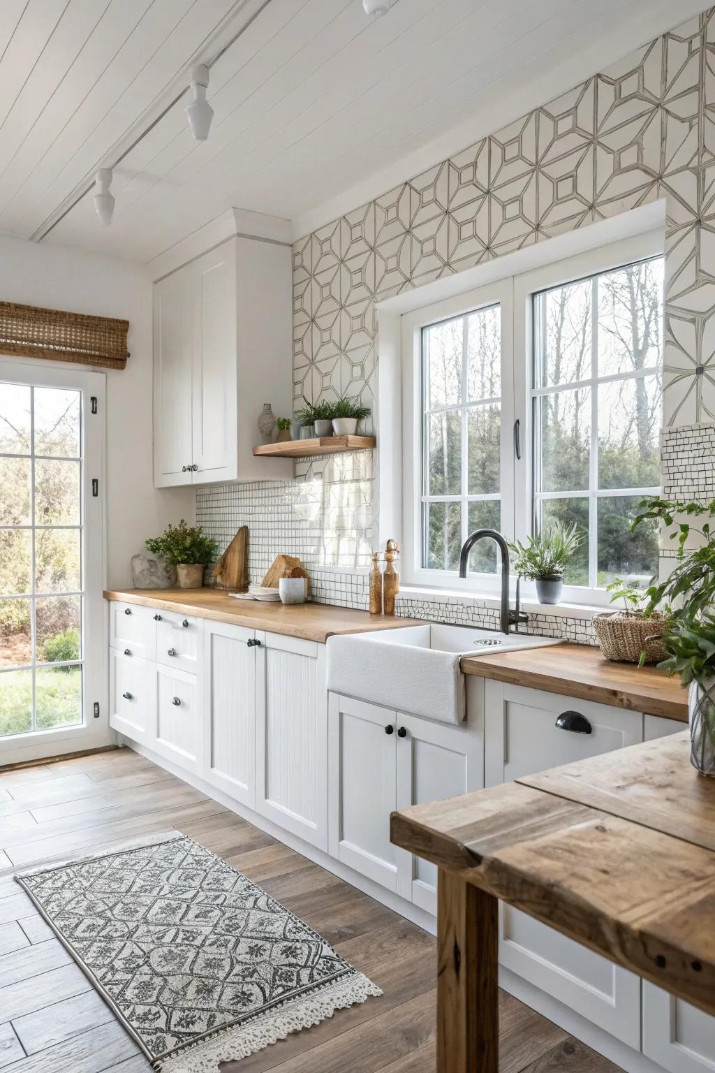 Geometric tiles offer a contemporary twist, creating a fashionable statement in this farmhouse kitchen.