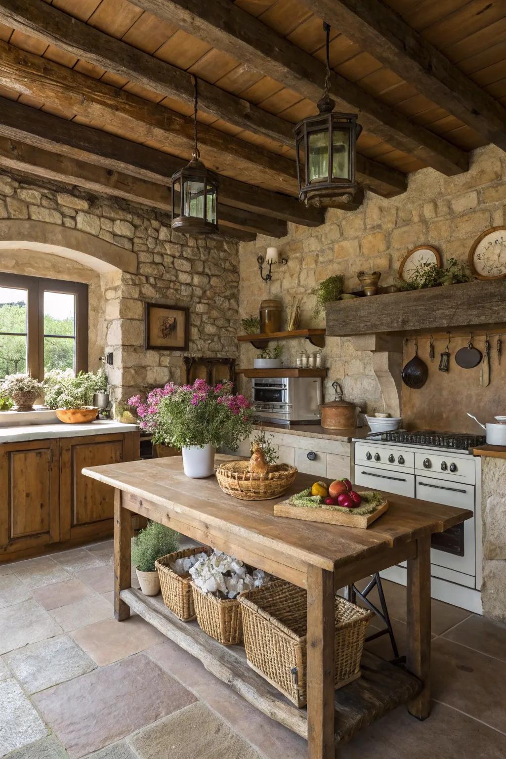 Unaltered stone accents adding earthy sophistication to a farmhouse kitchen.