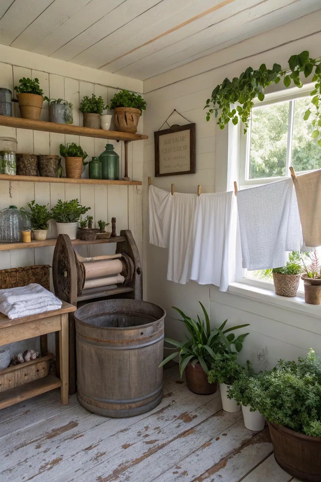 Foliage adds a natural and lively element to this charming laundry space.