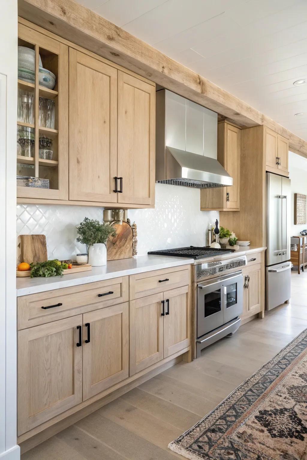 Contemporary appliances provide a refined contrast to pale timber cabinetry in a country-style cooking space.