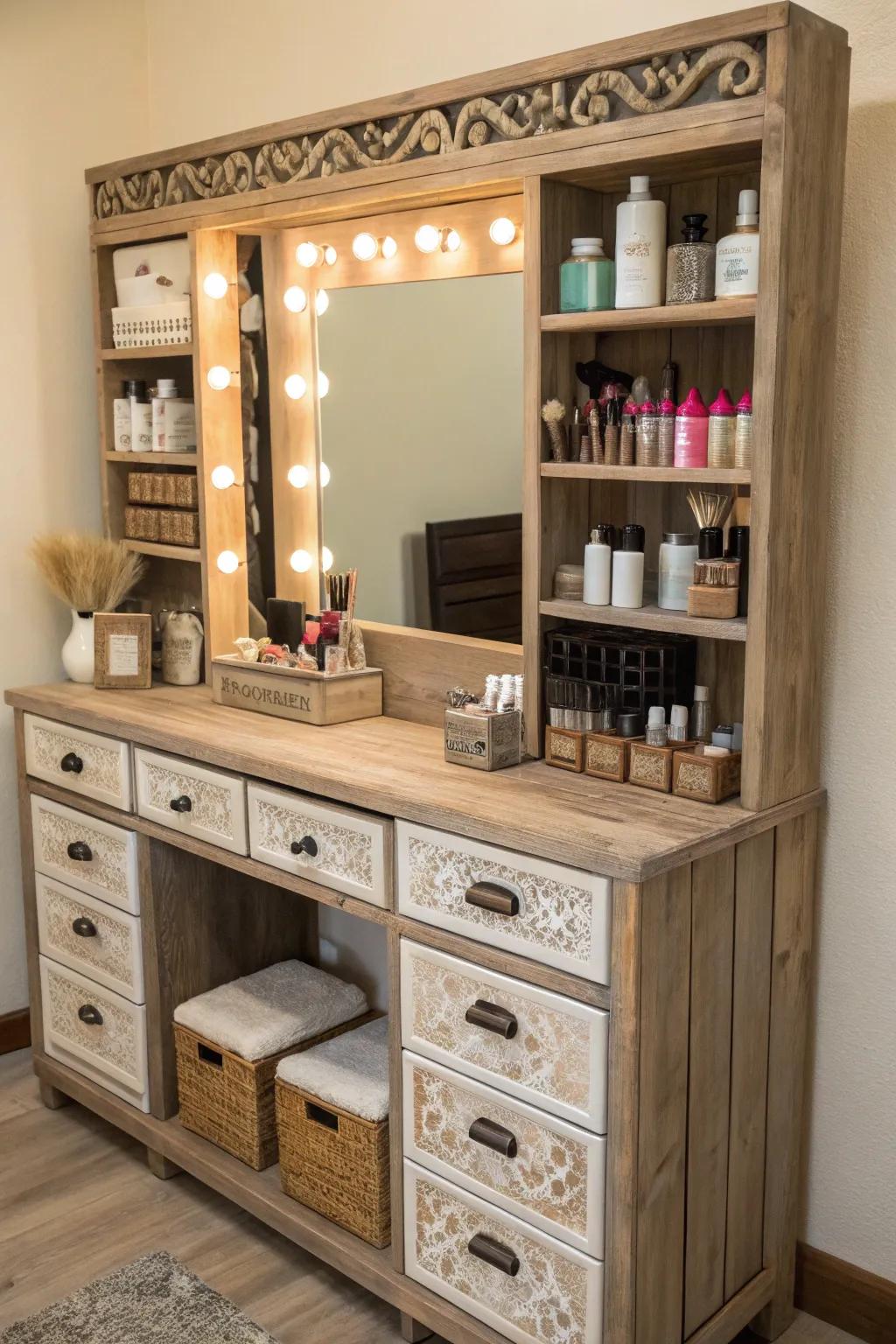 Practical storage ensures your vanity is tidy and useful.