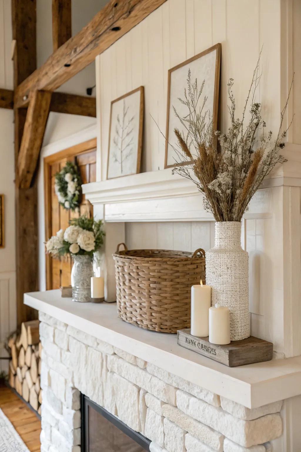 Neutral tones provide a timeless and elegant backdrop for the mantel.