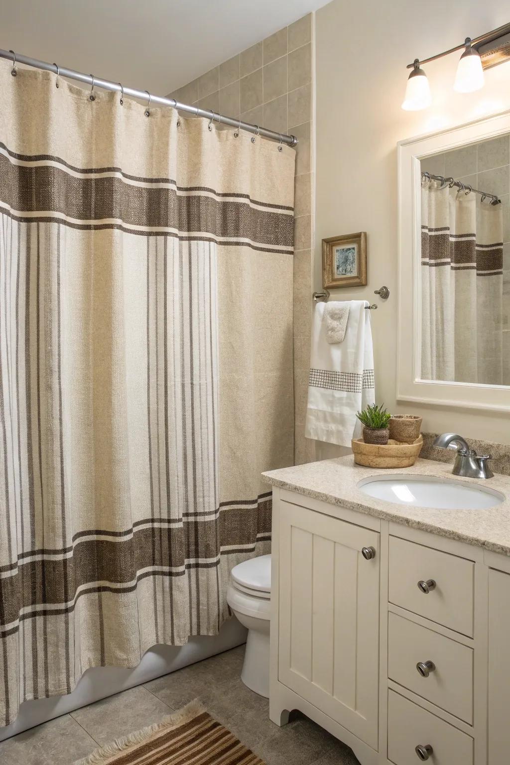 A bathroom with a shower drape featuring classic grain sack stripes.
