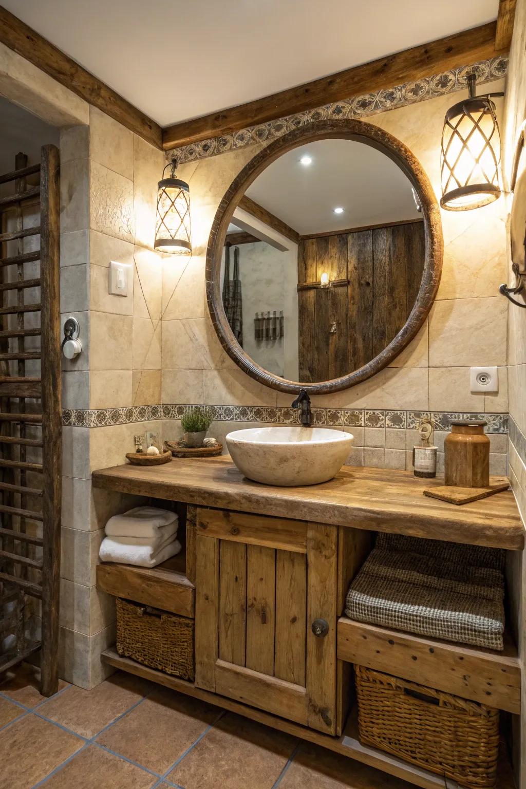 A round mirror serves as a stylish focal point in this farmhouse bathroom.