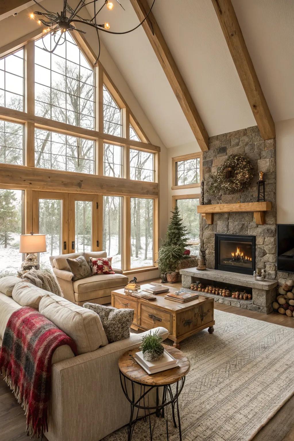 A bright living space featuring expansive windows and a vaulted ceiling.