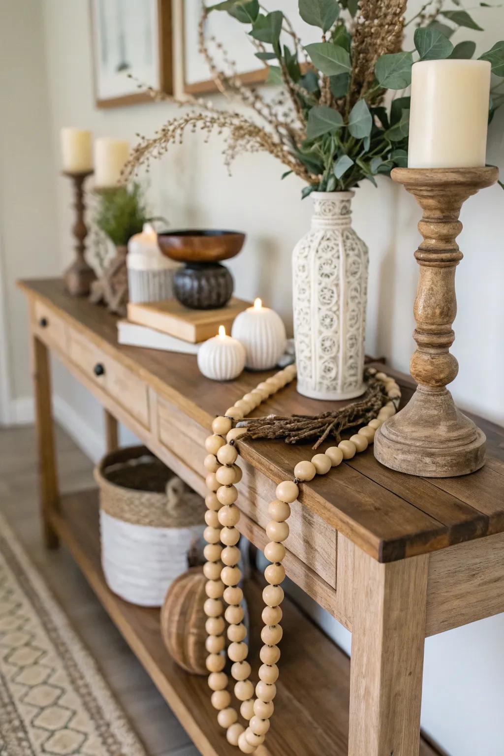 Console table enhanced with timber-sphere strand.