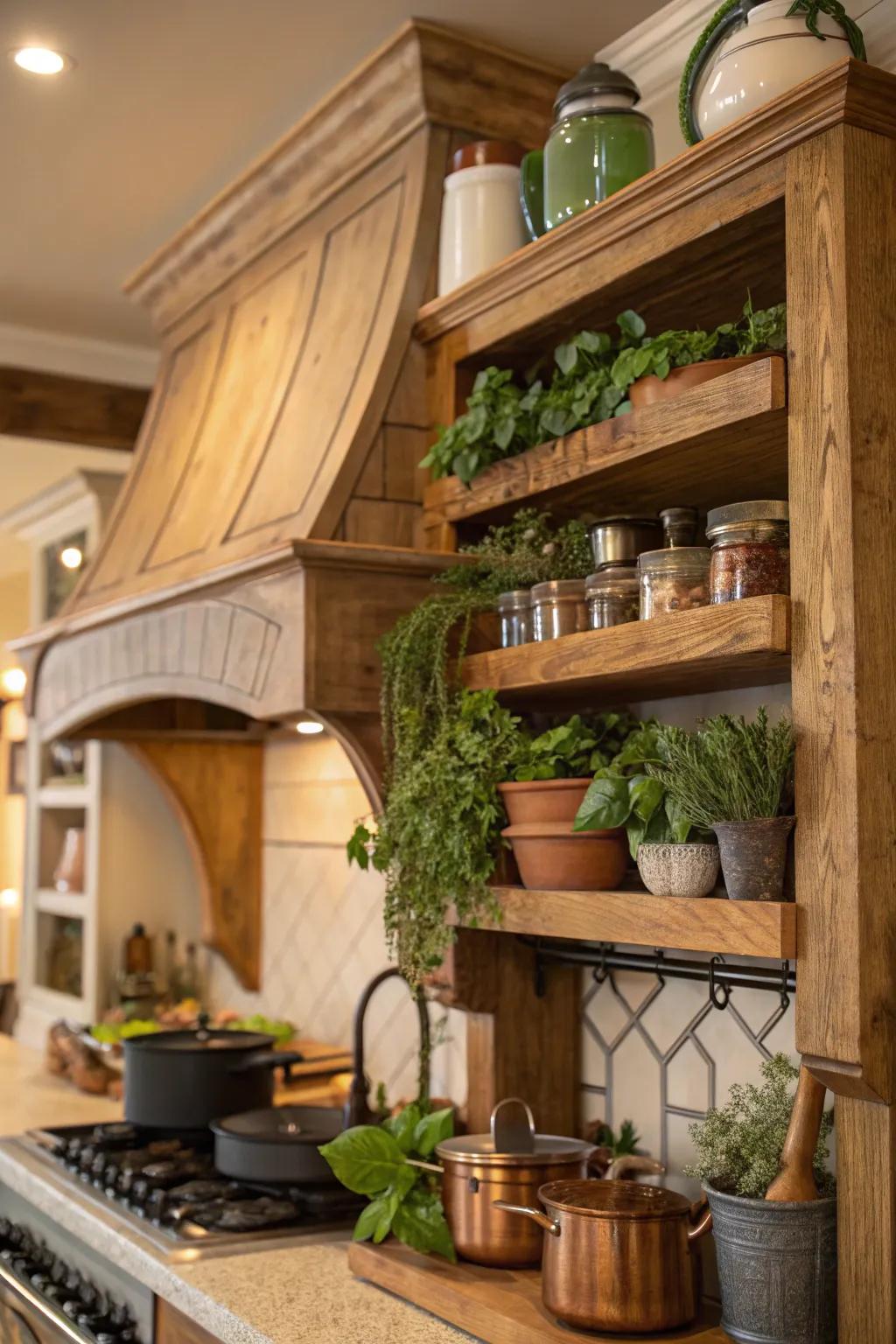 Shelving incorporated on a range hood provides additional storage.