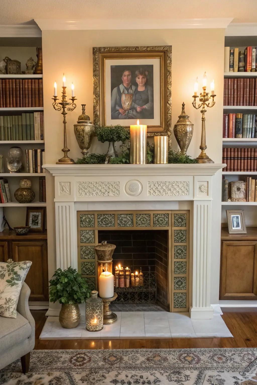 An artificial fireplace adorned with a character-rich timeless surroundings.
