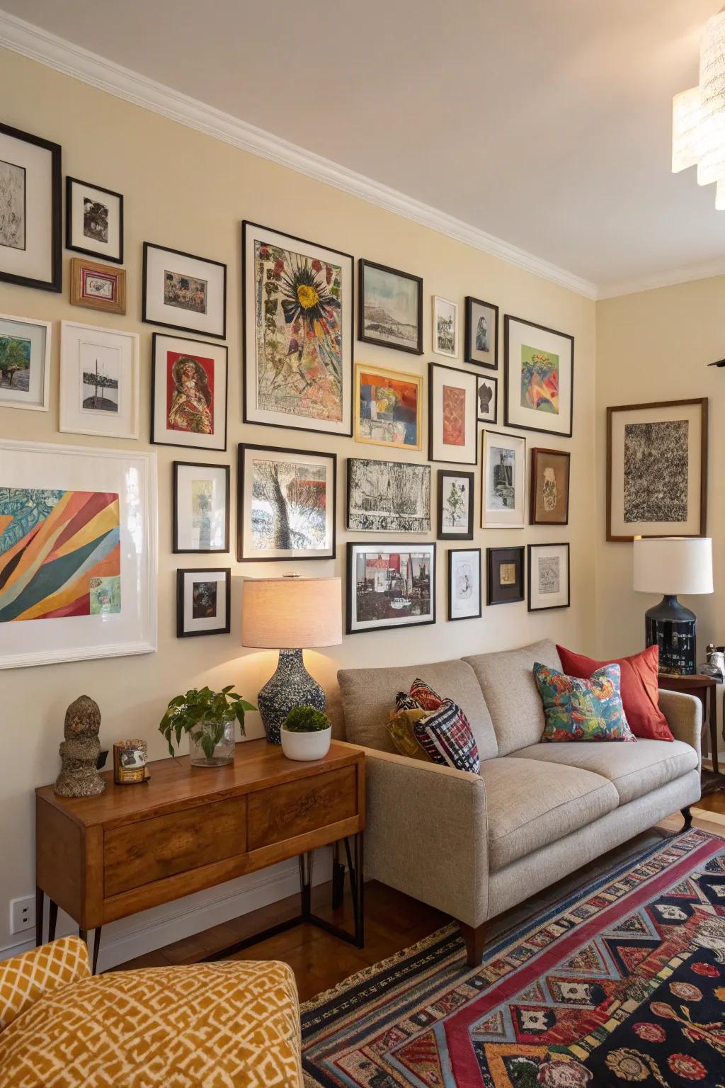 A living area showcasing a diverse and customized art display.
