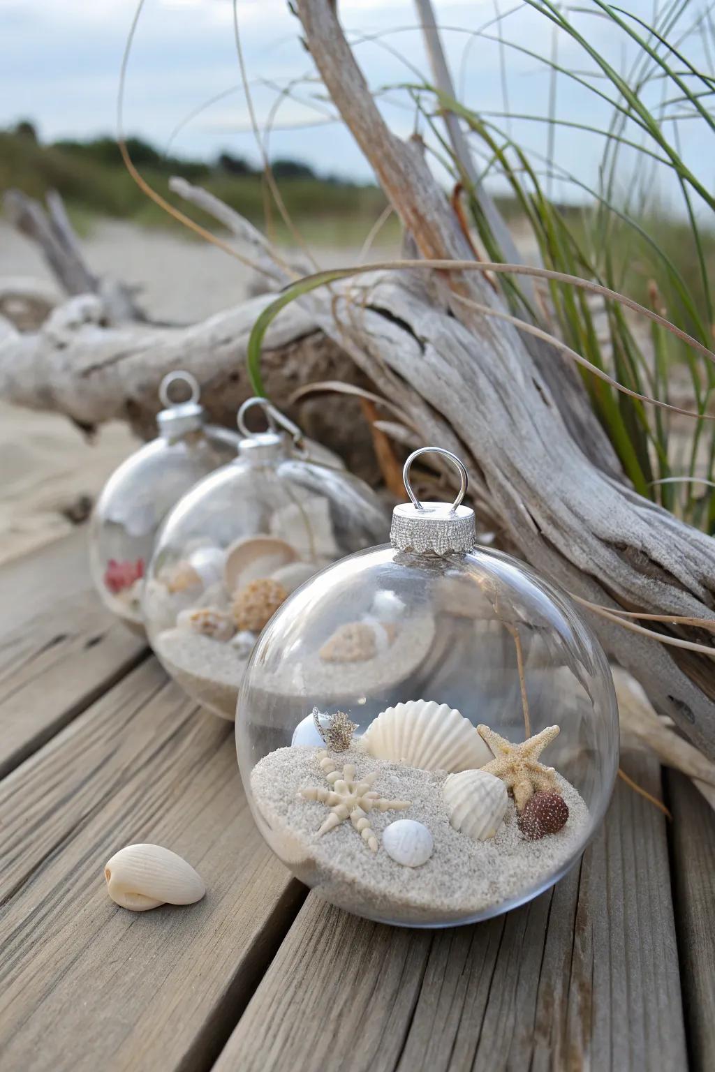 Beach-themed ornaments showcasing sand and seashells.