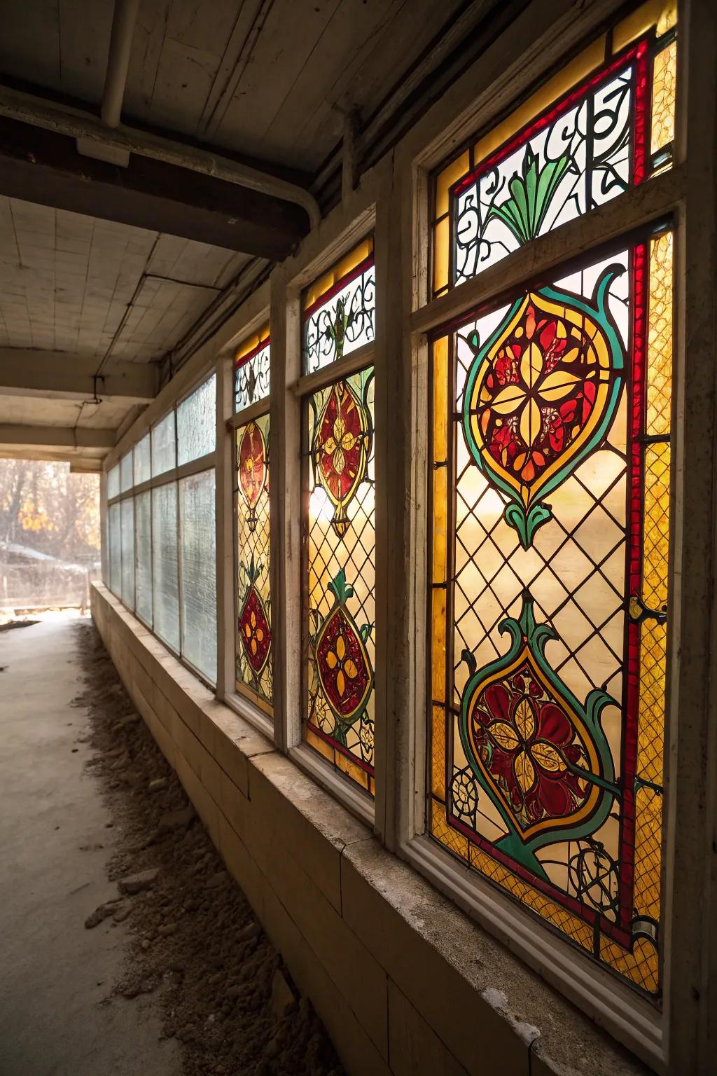 Tinted glass turns windows into artistic focal points.