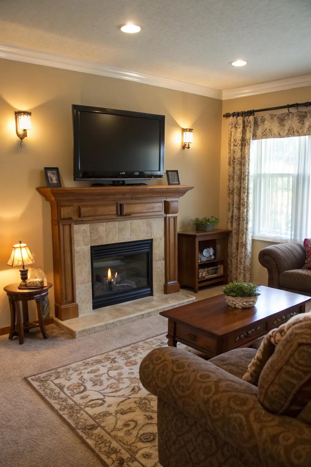 A living space with a streamlined TV setup above the fireplace.