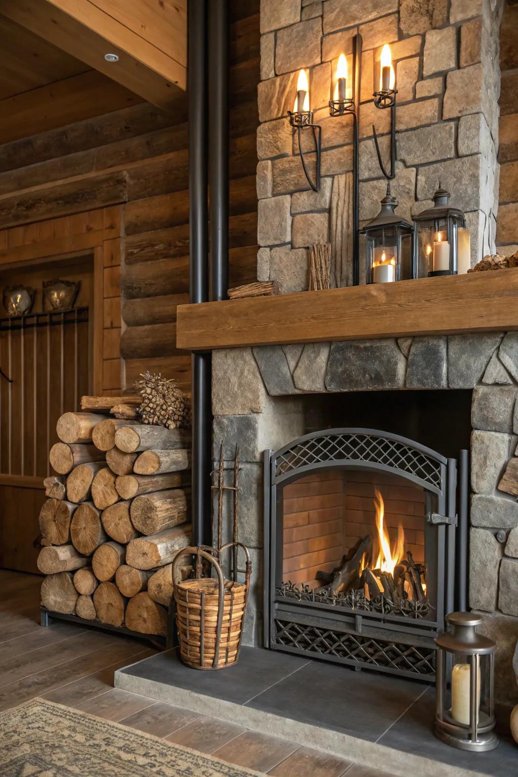 A creative mix of materials for a unique fireplace design.