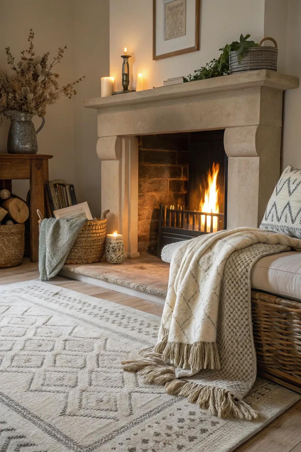 Soft accessories add comfort and warmth to the fireplace area.
