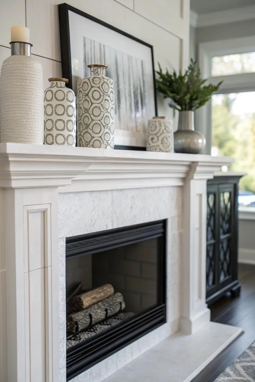 A minimalist mantel with elegant and contemporary decor pieces.