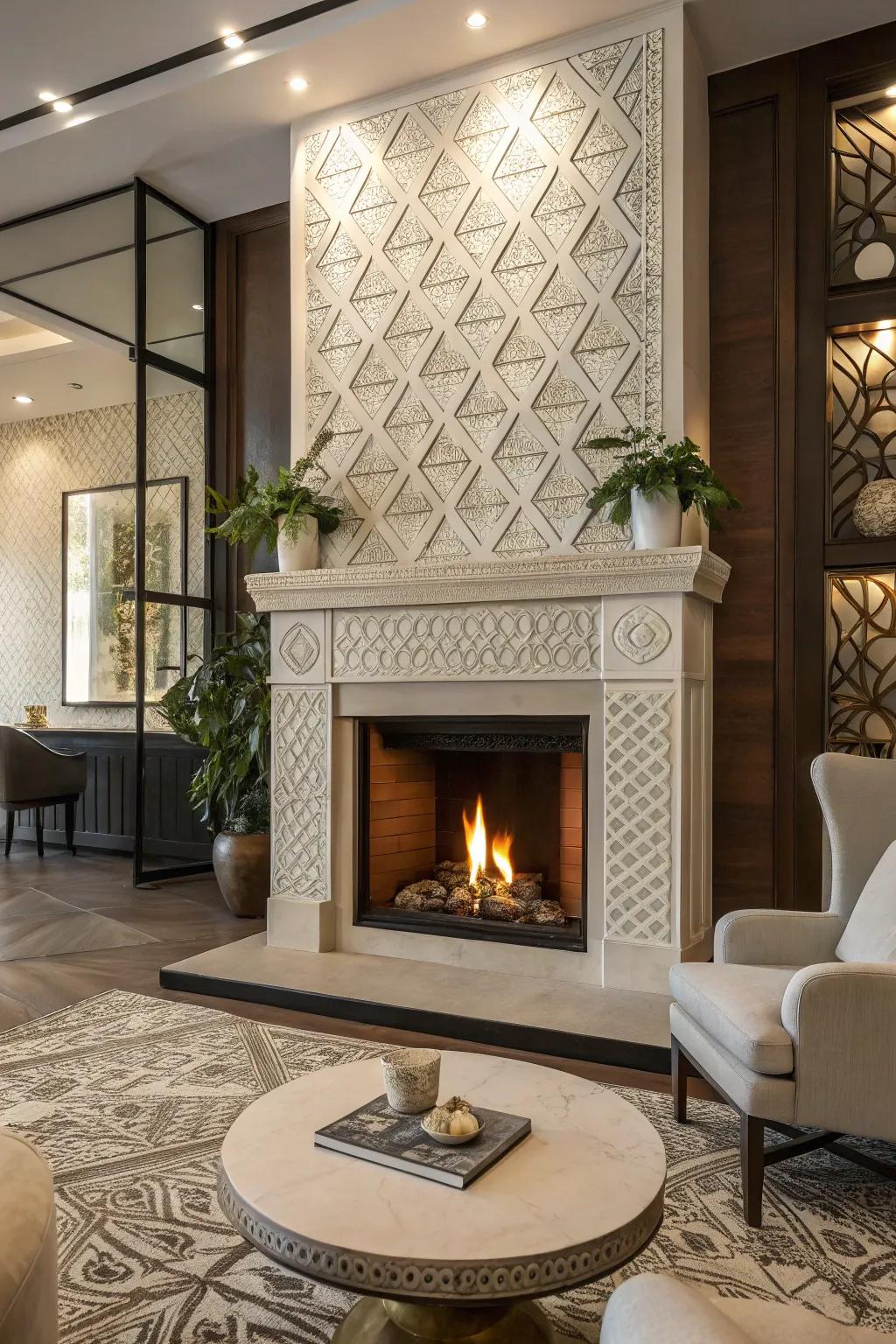 Three-dimensional surrounds create a visually intriguing fireplace design.