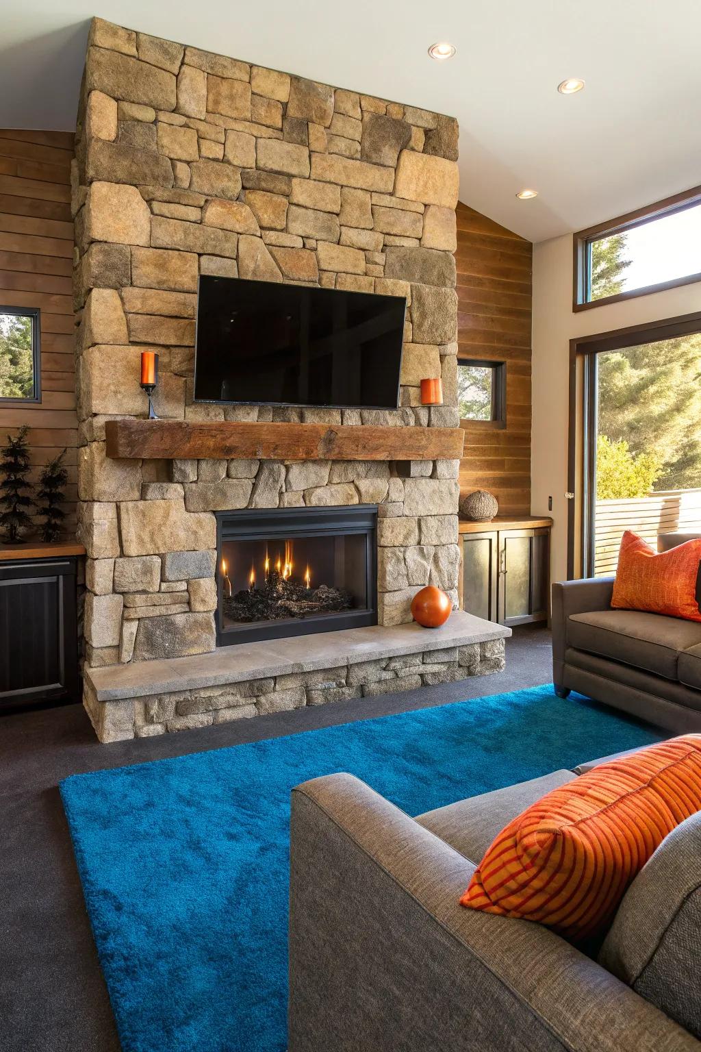Incorporate the beauty of nature utilizing a raw stone fireplace TV feature that merges rustic and chic appeal.