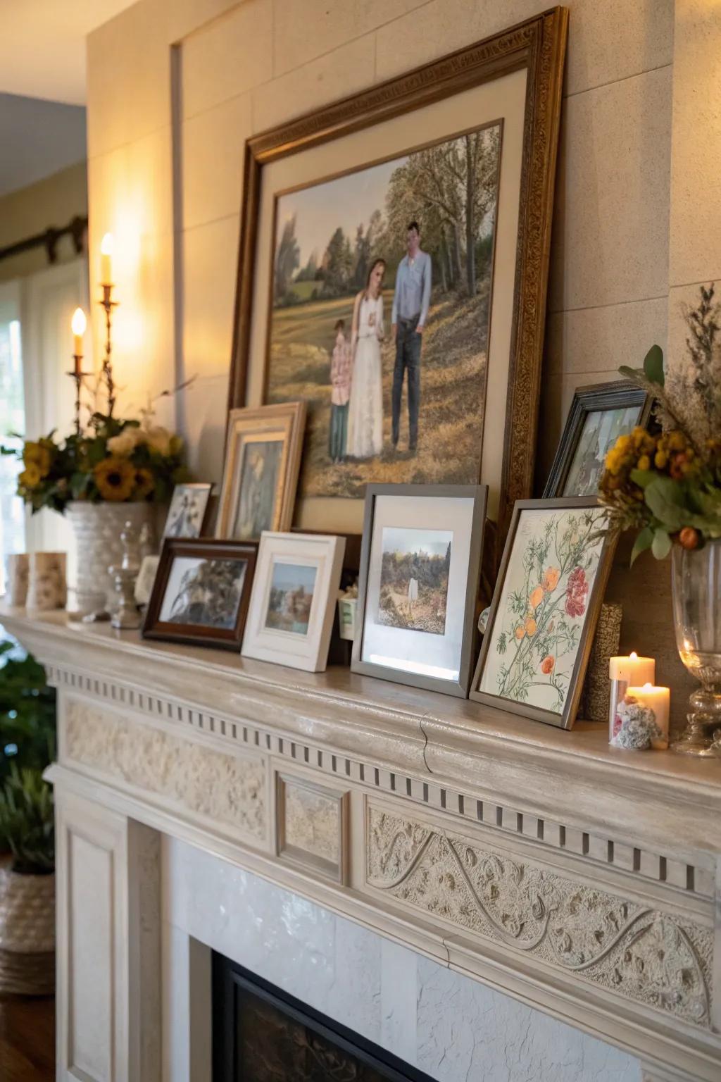 An artistic exhibit on the fireplace border gives a personal contact.