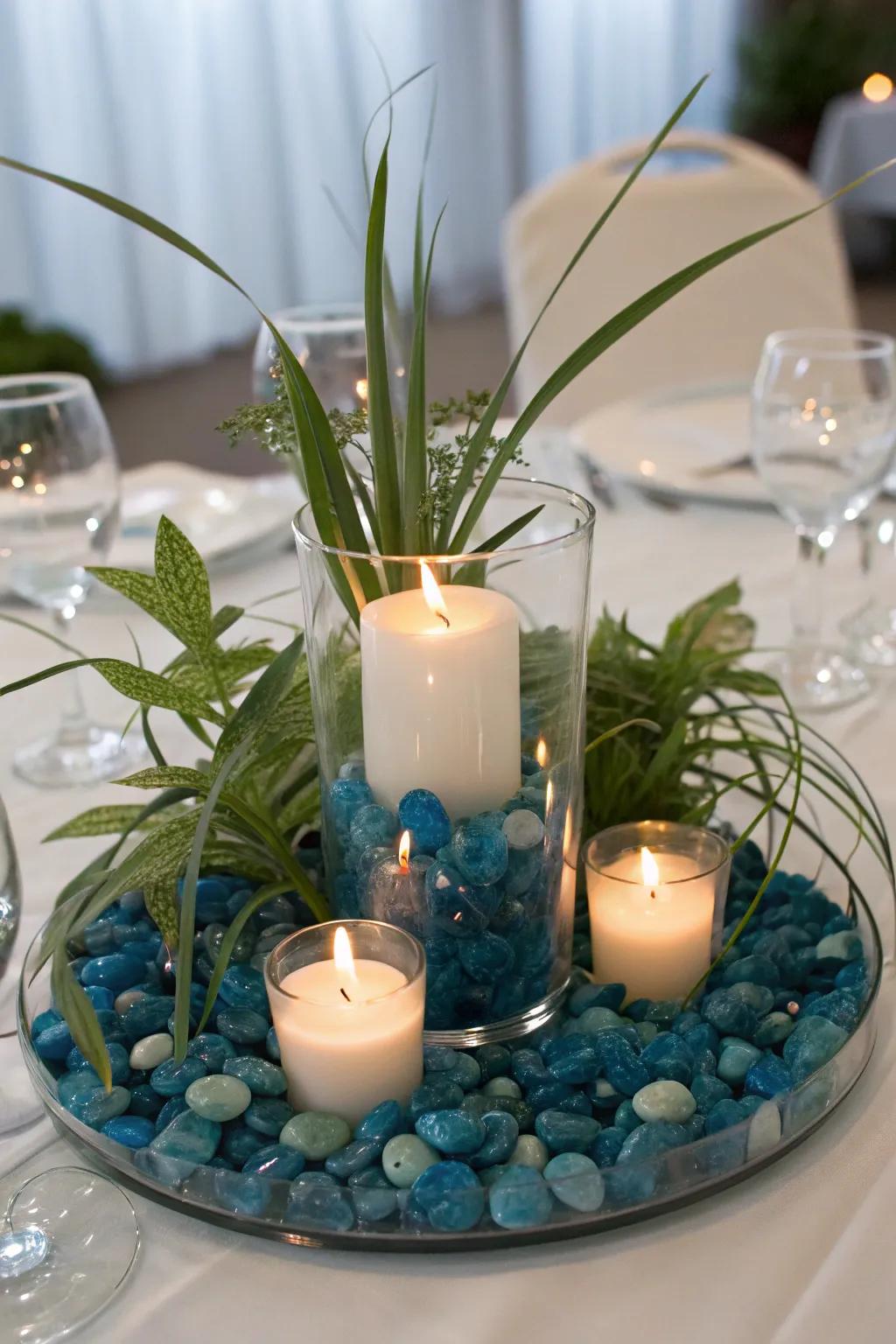 Azure crystal stones mimic the appearance of shimmering water.