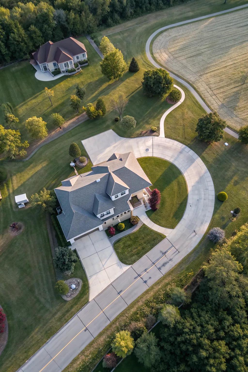 An aerial view capturing the layout of a rear lot property with its access road leading to the home.