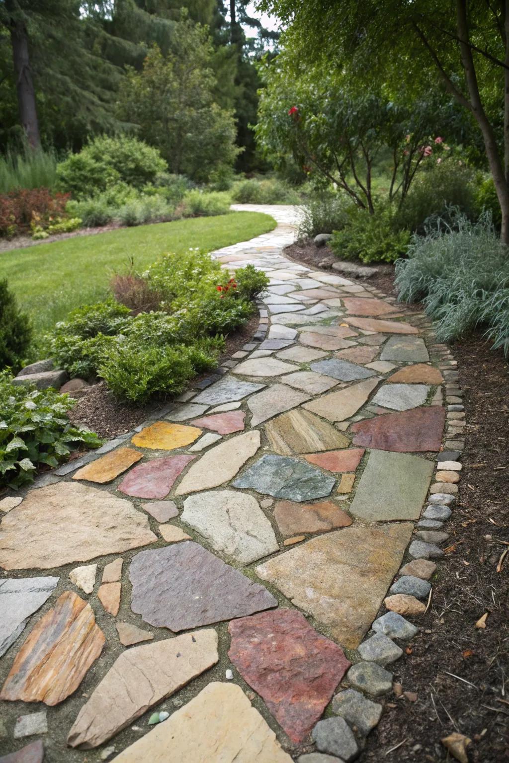 An artistic slate path showcasing a rich palette of colors and sizes.