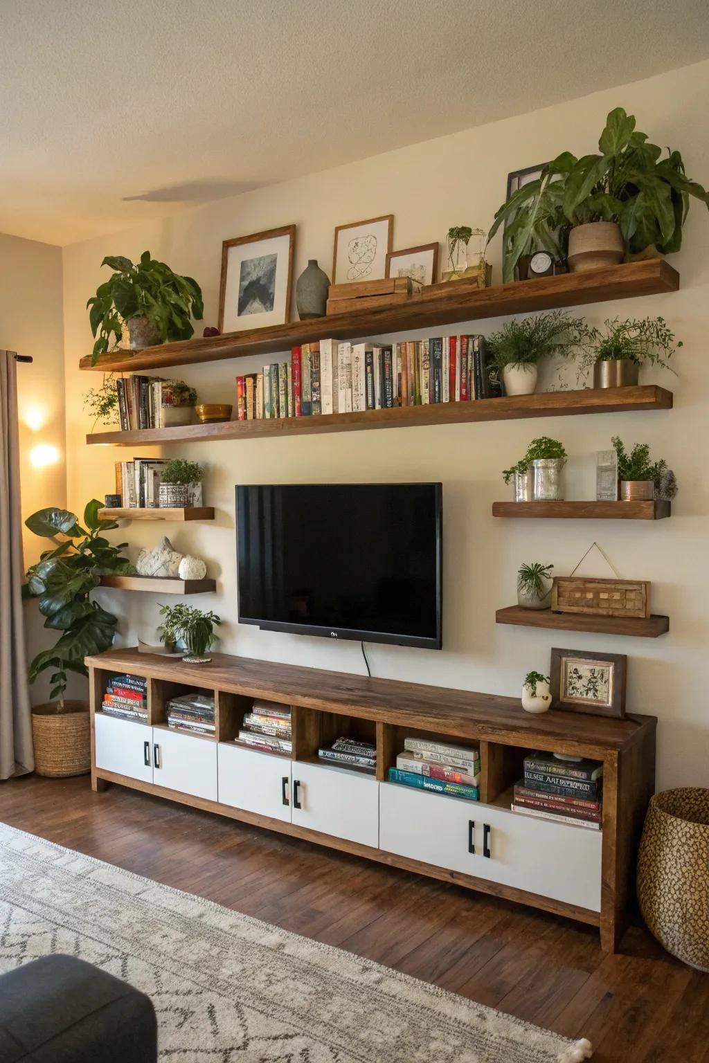 Introduce visual interest with offset wall mounts around your TV.