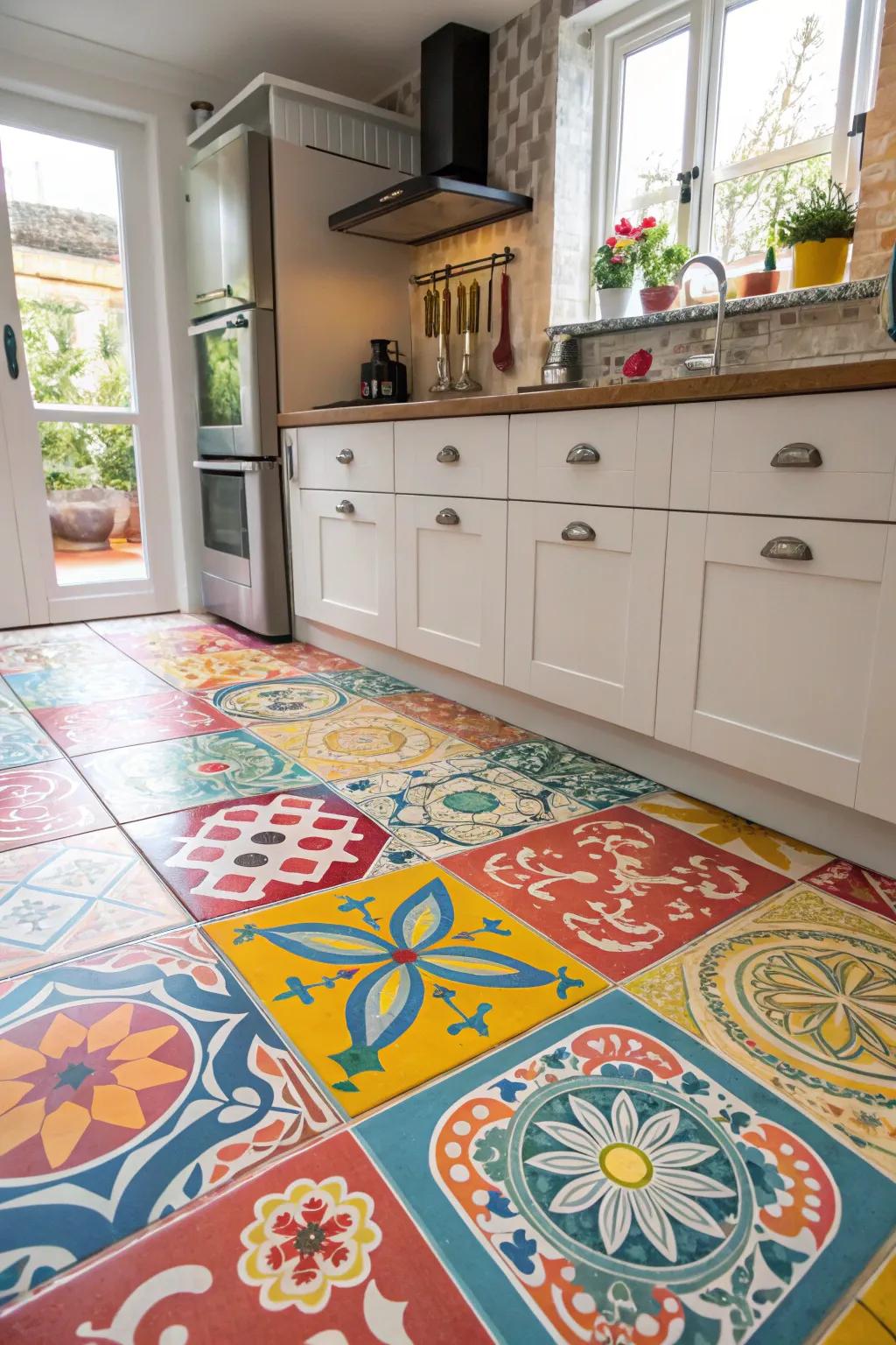 Colorful tiles bring energy and vibrancy to kitchen floors.
