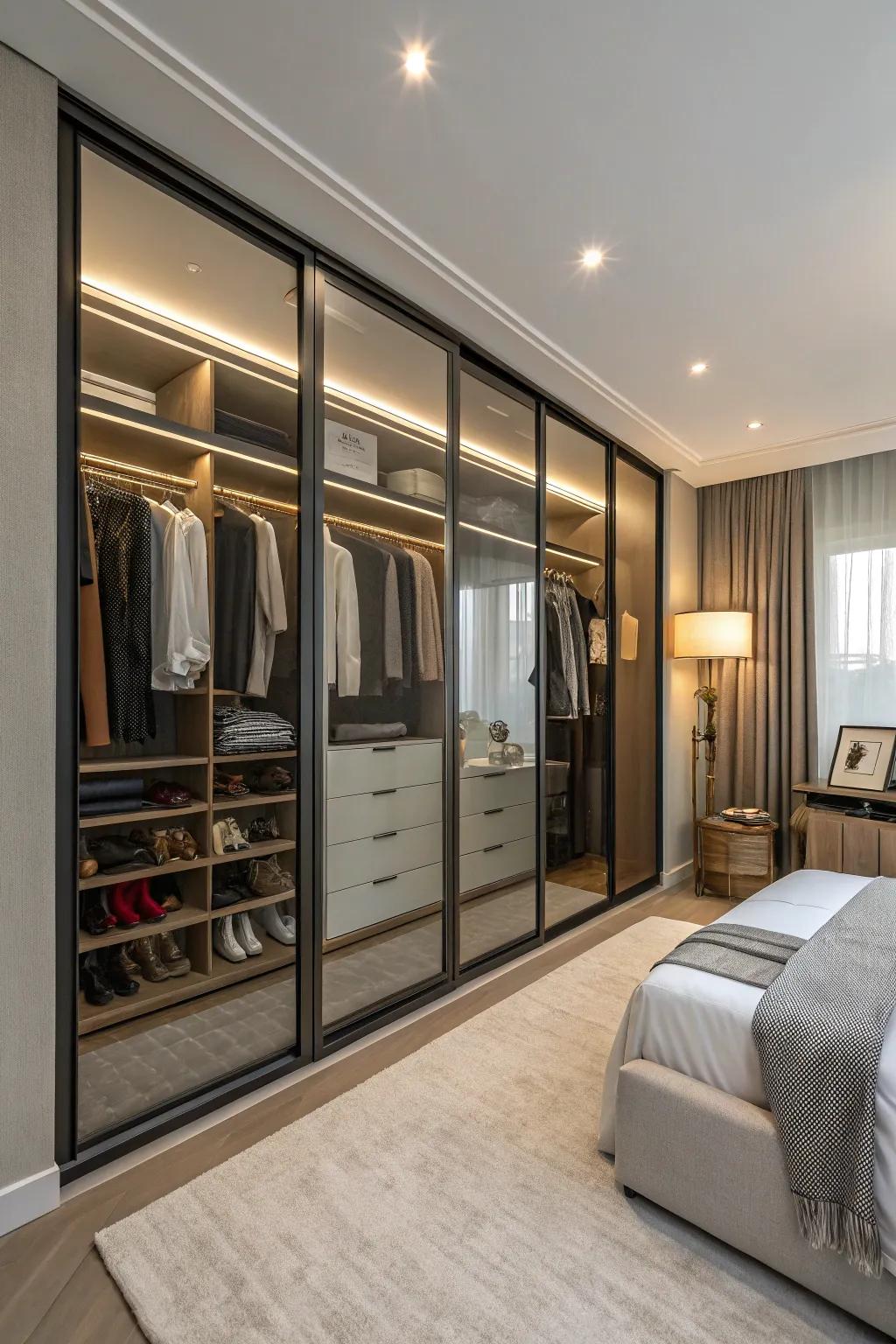 Glass panels introduce elegance and openness to your closet.