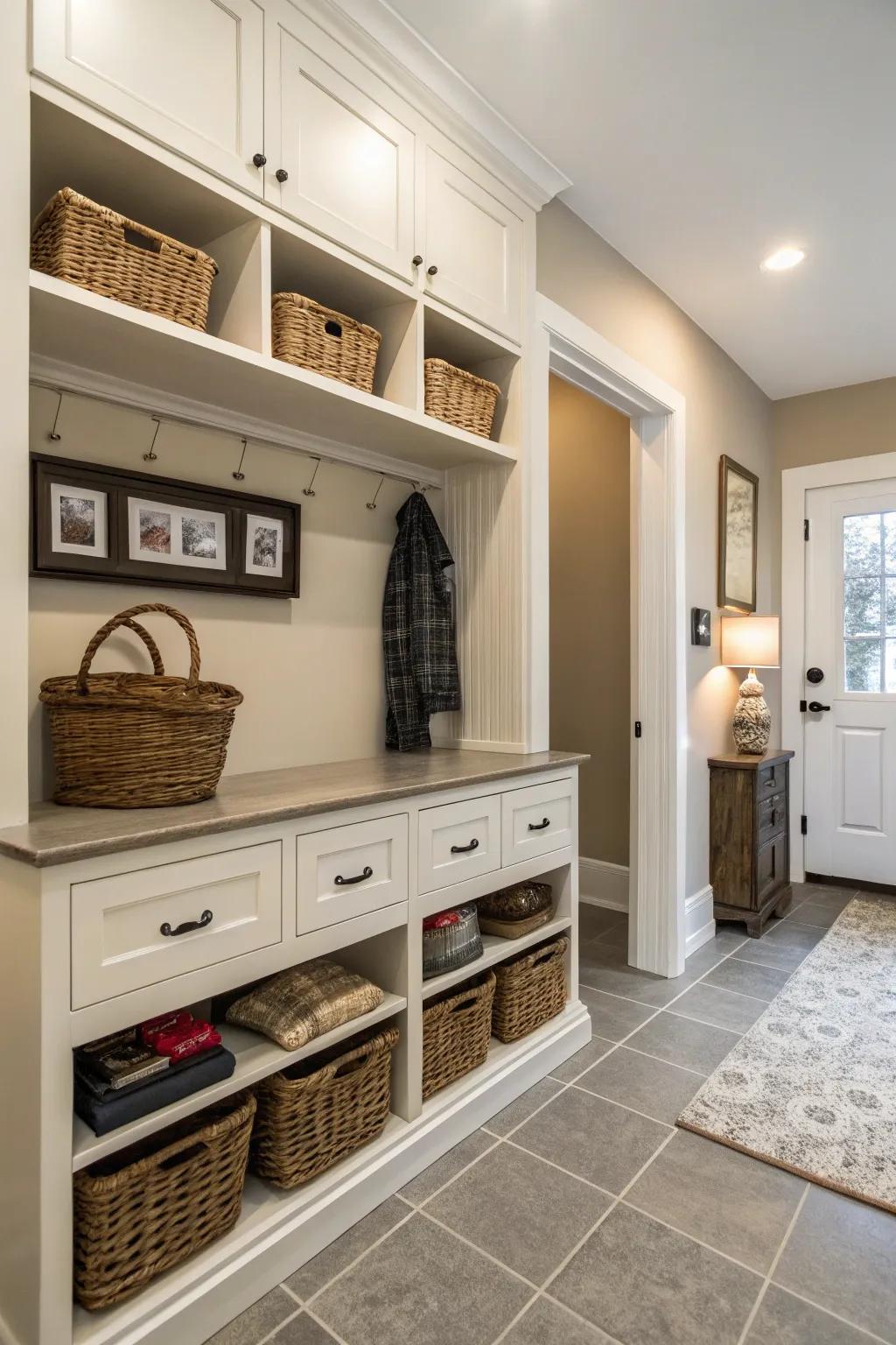 Innovative storage solutions can maximize space in a small foyer.