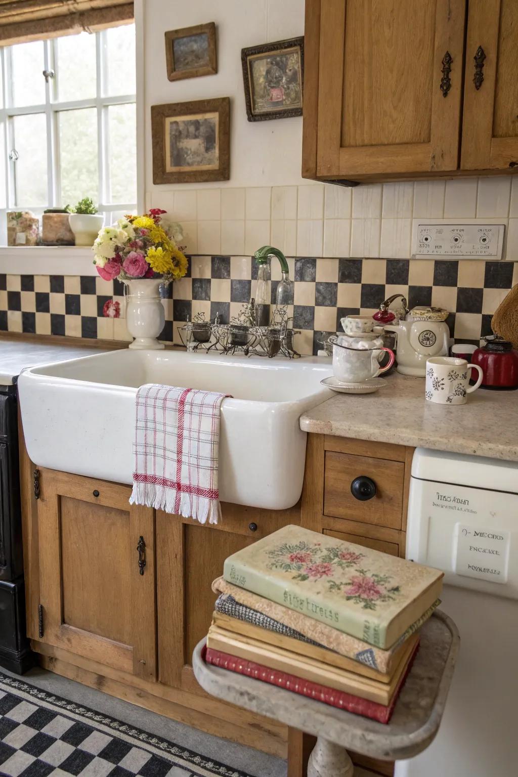 A vintage kitchen enhanced by an antique freestanding sink.