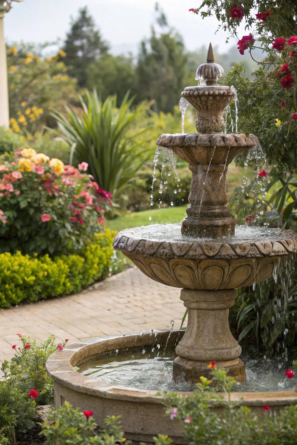 A tranquil aquatic accent nestled among lush foliage.