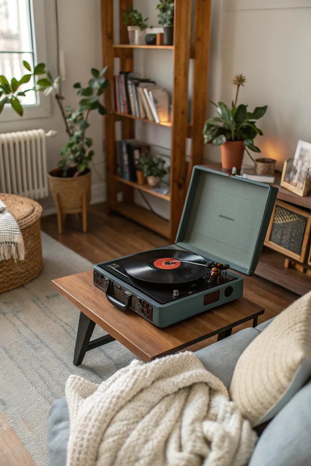 A vintage record player sets the musical backdrop for Friendsgiving.