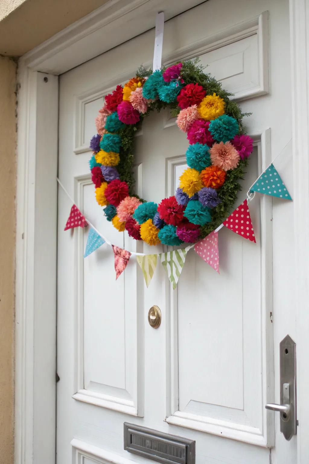 A playful and textured pom-pom and pennant decoration.