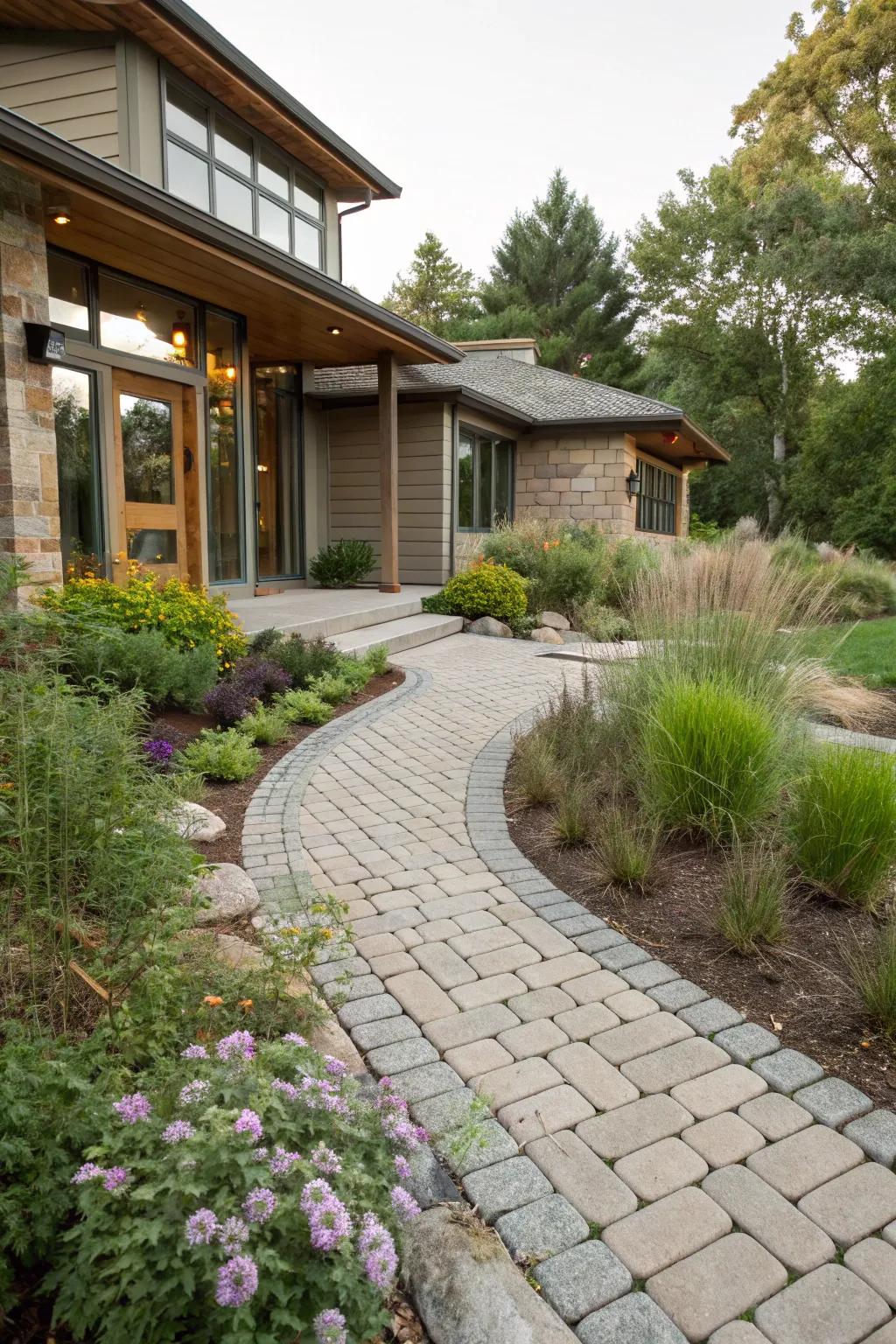 Eco-conscious permeable pavers for a sustainable entryway.